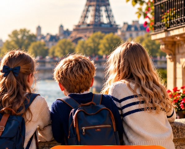 Barn som tittar ut över Paris och Eiffeltornet
